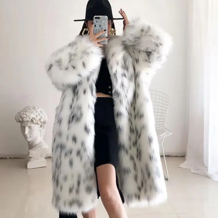 Faux Fur Coat Women Leopard Print Long Coats Turn Down Collar Jackets Full Sleeve Loose Casual Mid Length Outerwear Winter