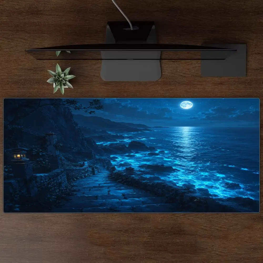 Dark Blue Full Moon Coastal Cliff Luminous Ocean Night View Large Anti-Slip Extended Gaming Keyboard Mouse Pad
