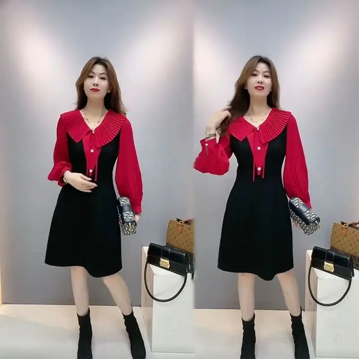 2024 Spring and Autumn New Style Slimming Long Sleeve Splicing Fashionable Age Reducing Middle Aged Women\'s Fashion Collar Dress