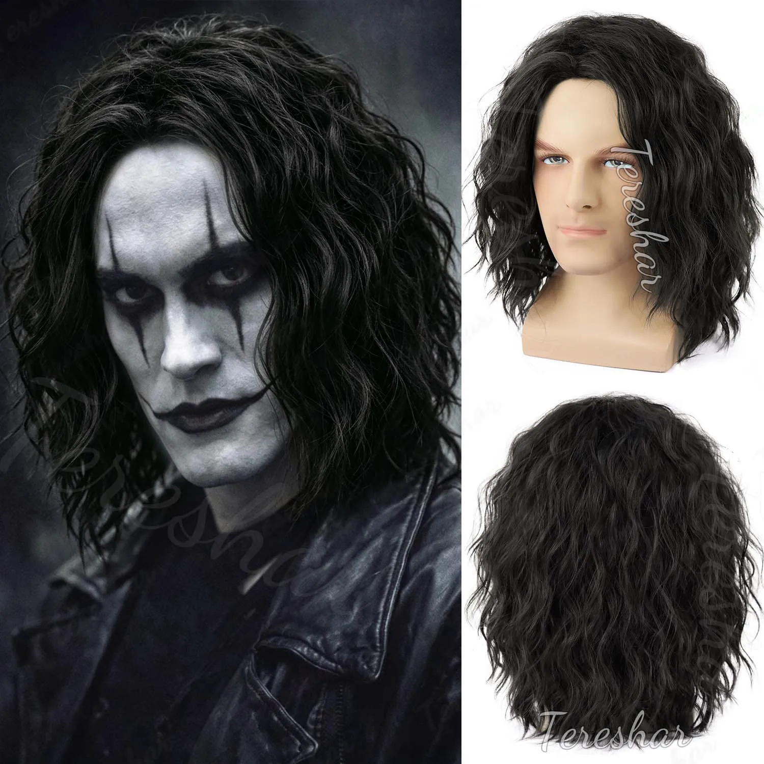 Synthetic Mens Black \ Brown Curly Wig Short Male Wigs for Costume Party Cosplay Halloween Anime or Fun, Eric Draven Costume Wig