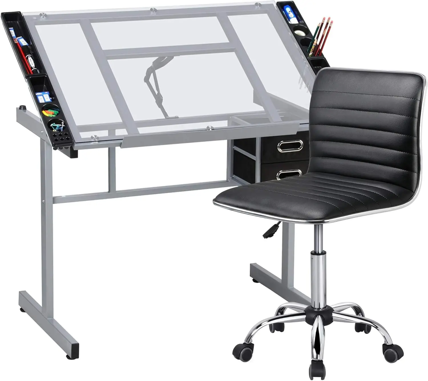 Adjustable Drafting Draft Table Glass Drawing Desk Tiltable Tabletop w/Stool and Storage Drawers for Reading, Writing, Painting Art Craft Work Station
