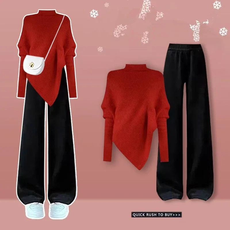 Women Autumn Winter Solid Turtleneck Shawl Sweater Wide Leg Pants Two Piece Set Lady Knitted Pullover Black Trousers Outfits
