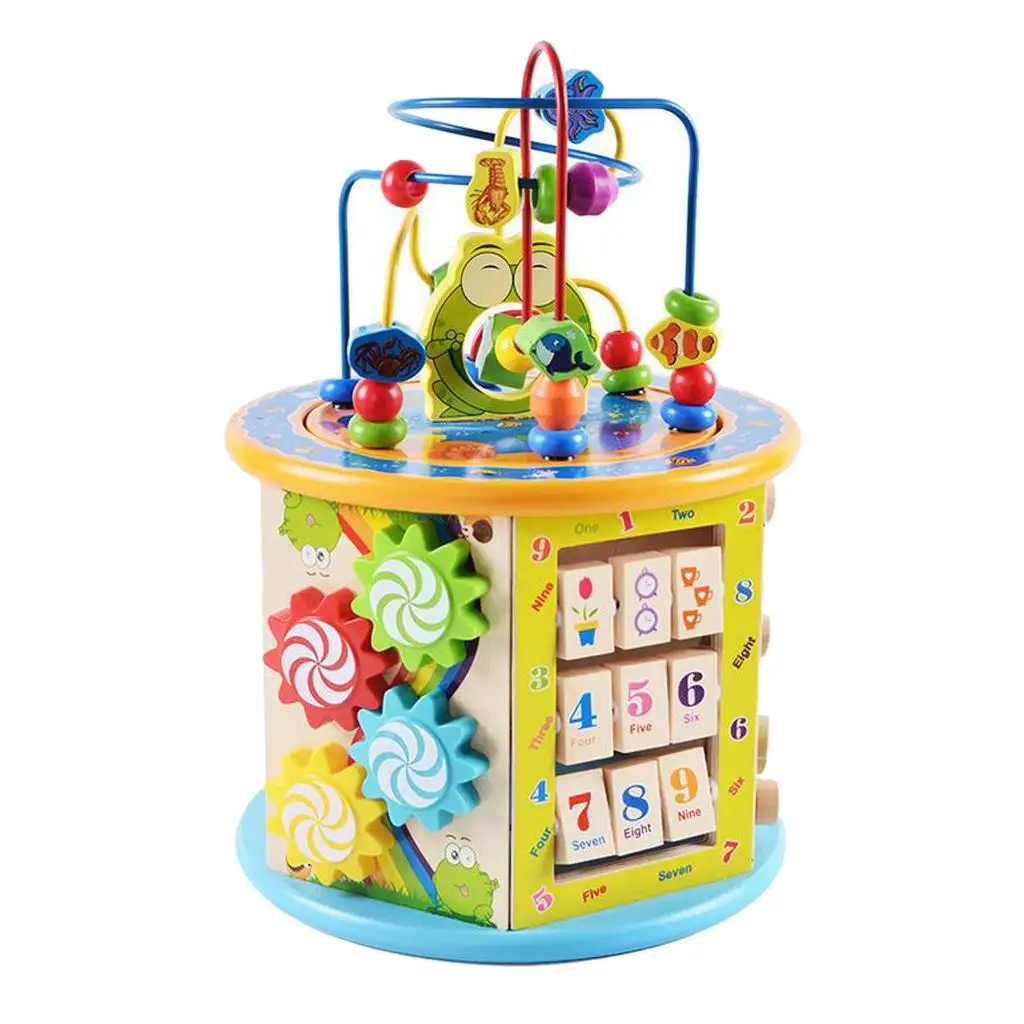 8 funções de madeira animais frutas contas metal montanha-russa brinquedo educativo