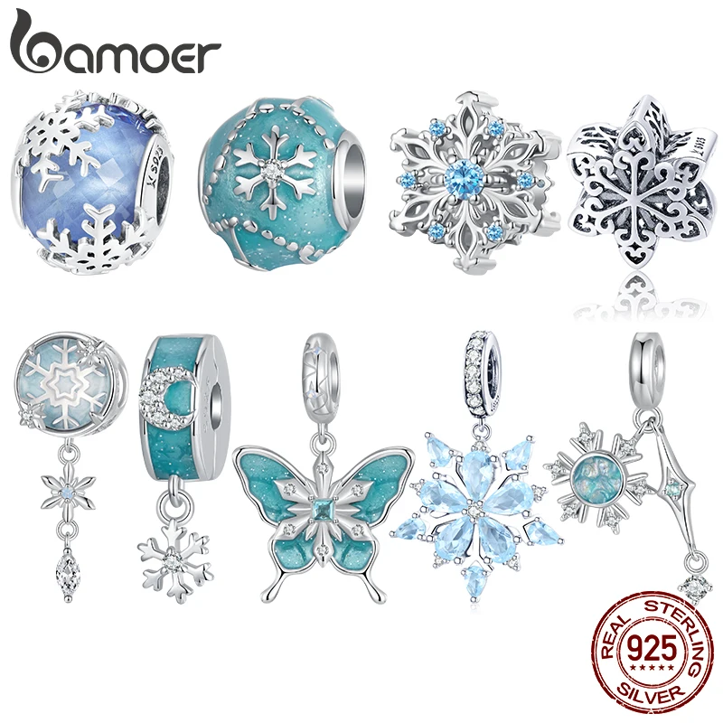 Bamoer Original 925 Sterling Silver Snowflake Butterfly Pendant Winter Charm Stopper Bead For Women Party Gifts Fine Jewelry DIY