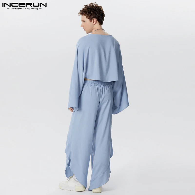 INCERUN Men Sets Solid Color O-neck Long Sleeve Crop Tops & Irregular Pants 2PCS Streetwear 2024 Fashion Men Casual Suits S-5XL