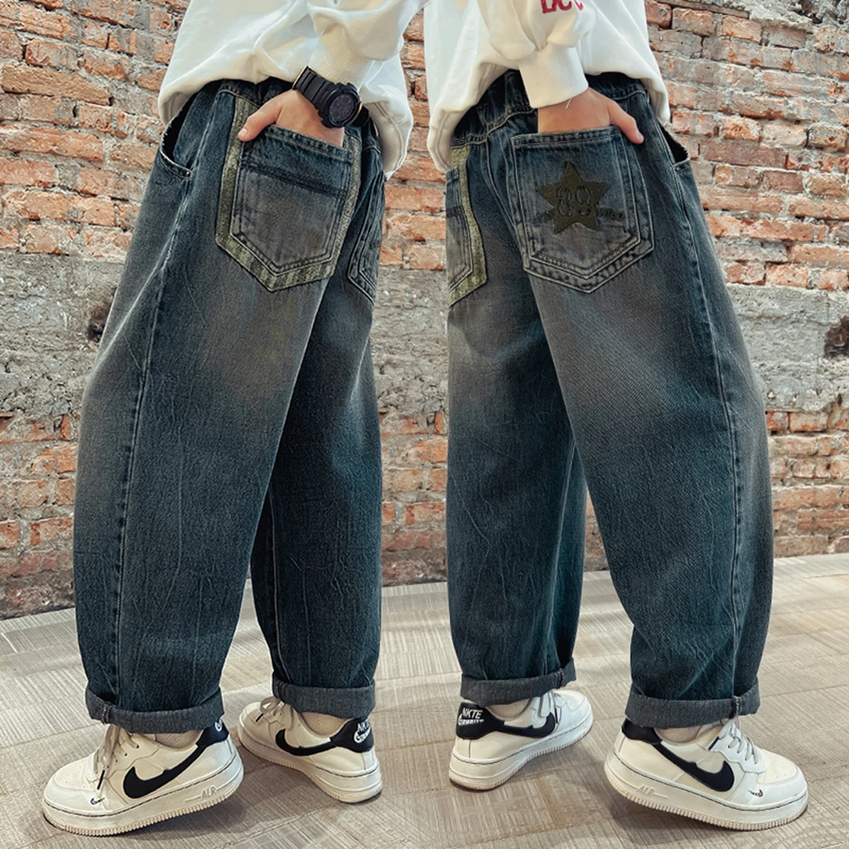Korea Style Boys Jeans Spring Autumn New Style 2026 Kids Long Pants Cotton Soft Treatment Pure Color Trendy Dad Jeans