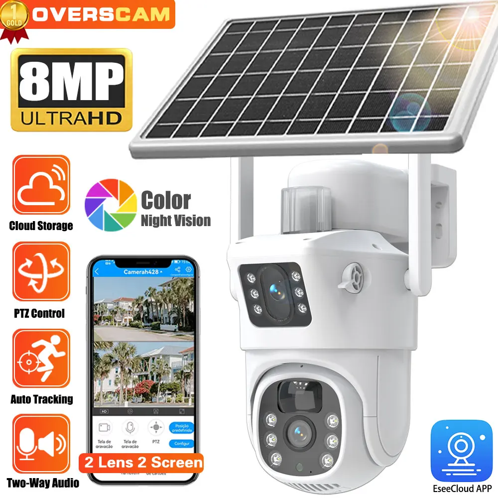 

4K 8MP Solar Cam WIFI Dual Lens HD Wireless Security CCTV Waterproof Night Vision PIR Human Detect PTZ Home Surveillance Cameras