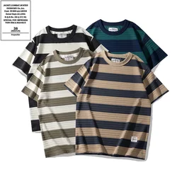 OKONKWO Tank Pattern 280g Heavyweight Striped T-shirt Wide Striped Round Neck TEE Outdoor Tooling Workear Cargo Labor Overalls