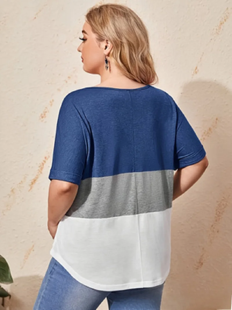 Women Plus Size Color Block T-shirt, Round Neck Batwing Short Sleeve Casual Top