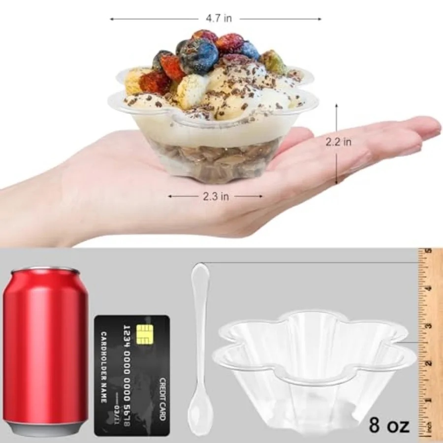 8 oz Dessert Cups with Spoons, Pack Clear Plastic Small Party Serving Bowls for Sundae, Parfait, Fruit, Strawberry Shortcake, D