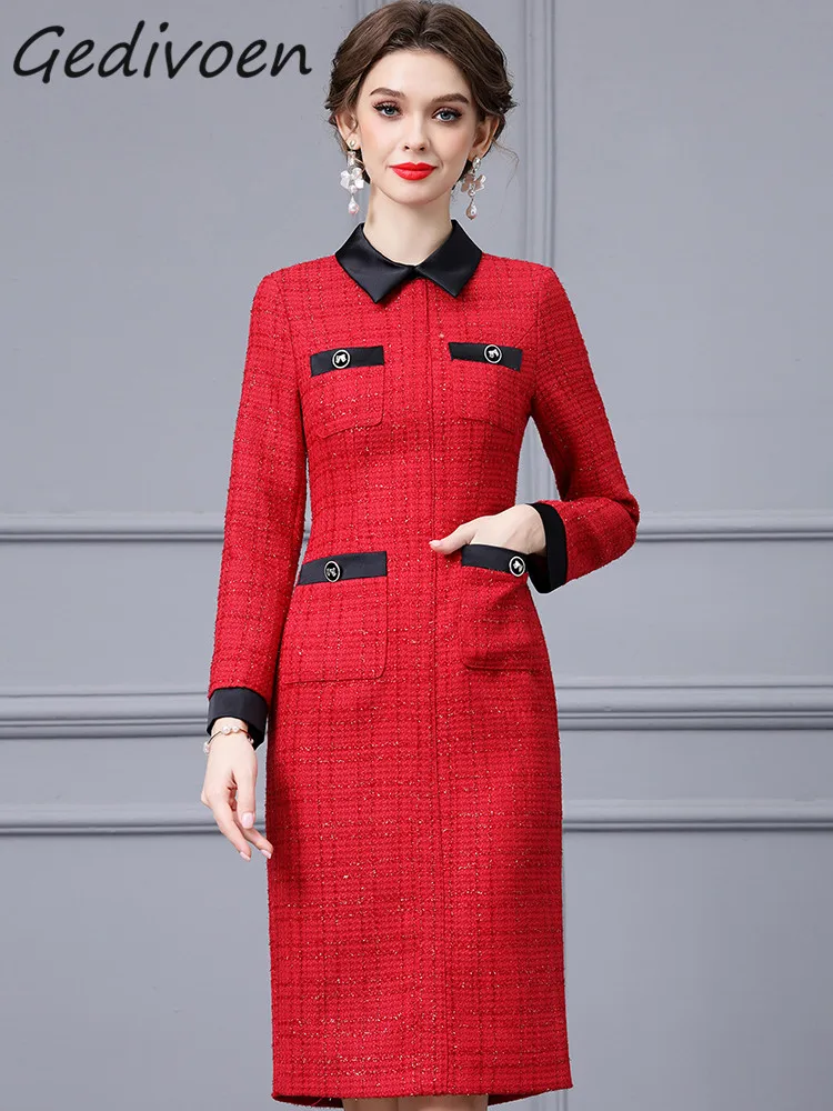 Gedivoen Winter Fashion Designer Red Vintage Dress Women's Lapel Button Pockets High Waist Package Buttocks Slit Slim Long Dress