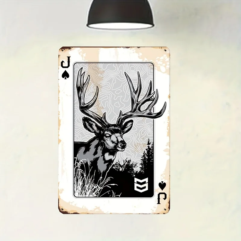 Deer Metal Sign Wall Art - Vintage Playing Card Jack of Spades Design, Waterproof and Dustproof Iron Decor for Men's Study