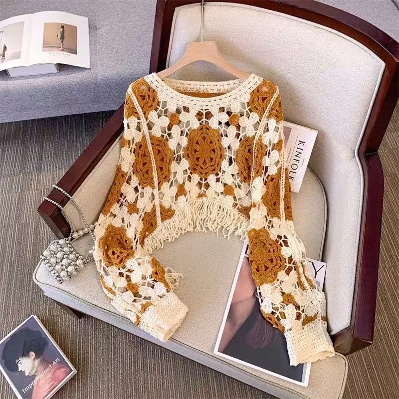Women Vintage Crochet Knit Top Long Sleeve Hollow‑Out Floral Cropped T‑Shirt Fringe Hem Round Neck Loose Casual Blouse
