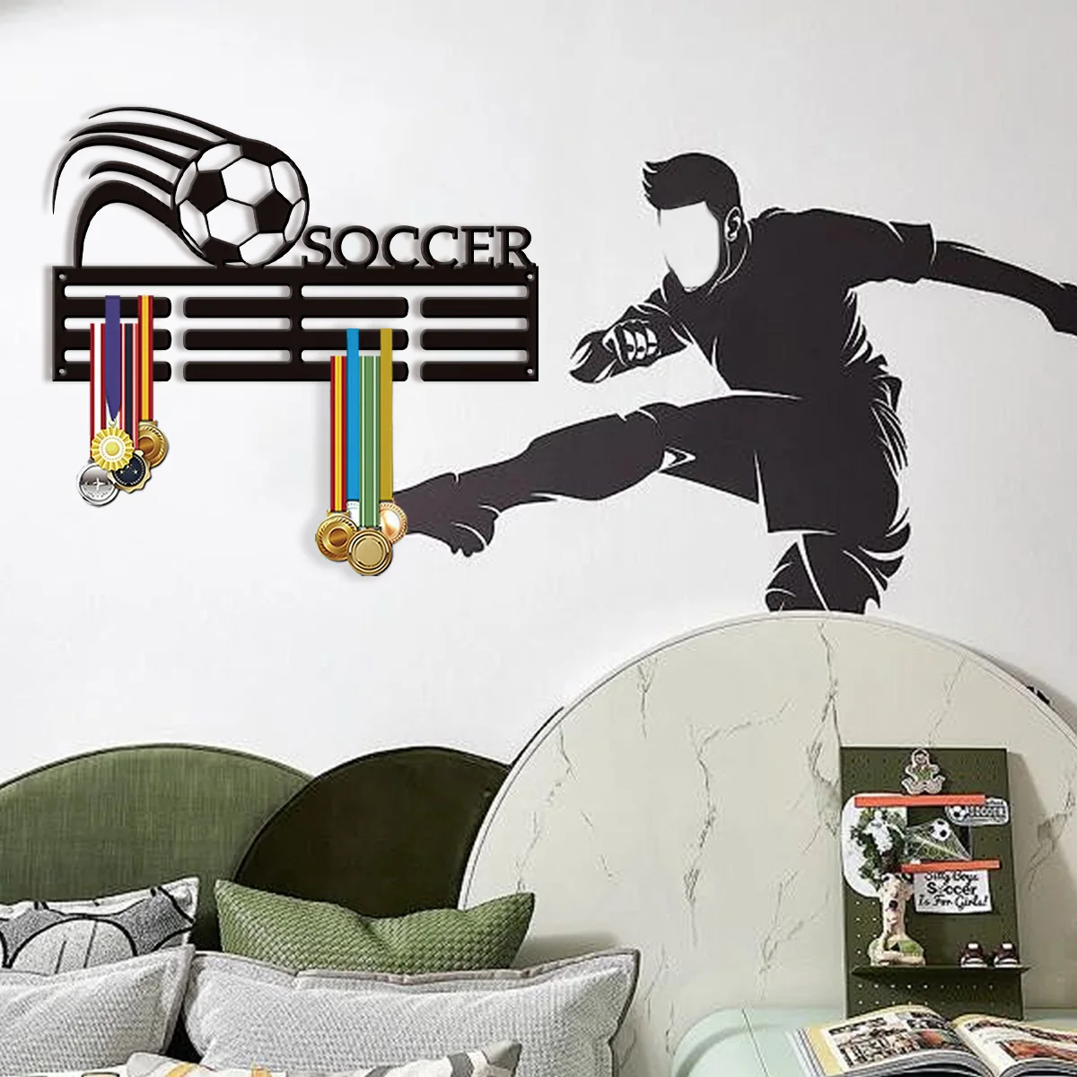 1 personalisiertes Fußballspieler-Medaillenregal, Stabhochsprung-Gedenkregal, Retro-Metallregal, Bandornament, Geschenke für Sportler
