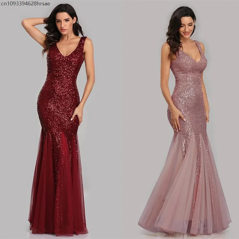 

Elegant Sexy V-Neck Sequin Tank Open Back Evening Party Prom Dresses Fishtail Fitted Formal Gown Wedding Toasting Dress