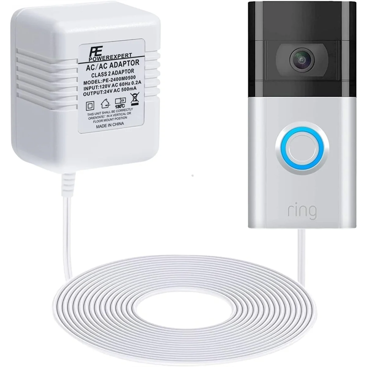 AA98 도어벨 트랜스포머 24V 어댑터 (링 비디오 도어벨용), 16.4피트 길이 C형 전선 전원 공급 장치, 대부분의 비디오 도어벨 (미국용)