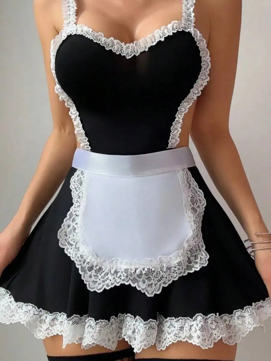 Sexy halter pescoço fenda oco rendas aparadas de volta empregada sem costas profundo v suspensórios vestido sem mangas com avental doce casaul fxi1