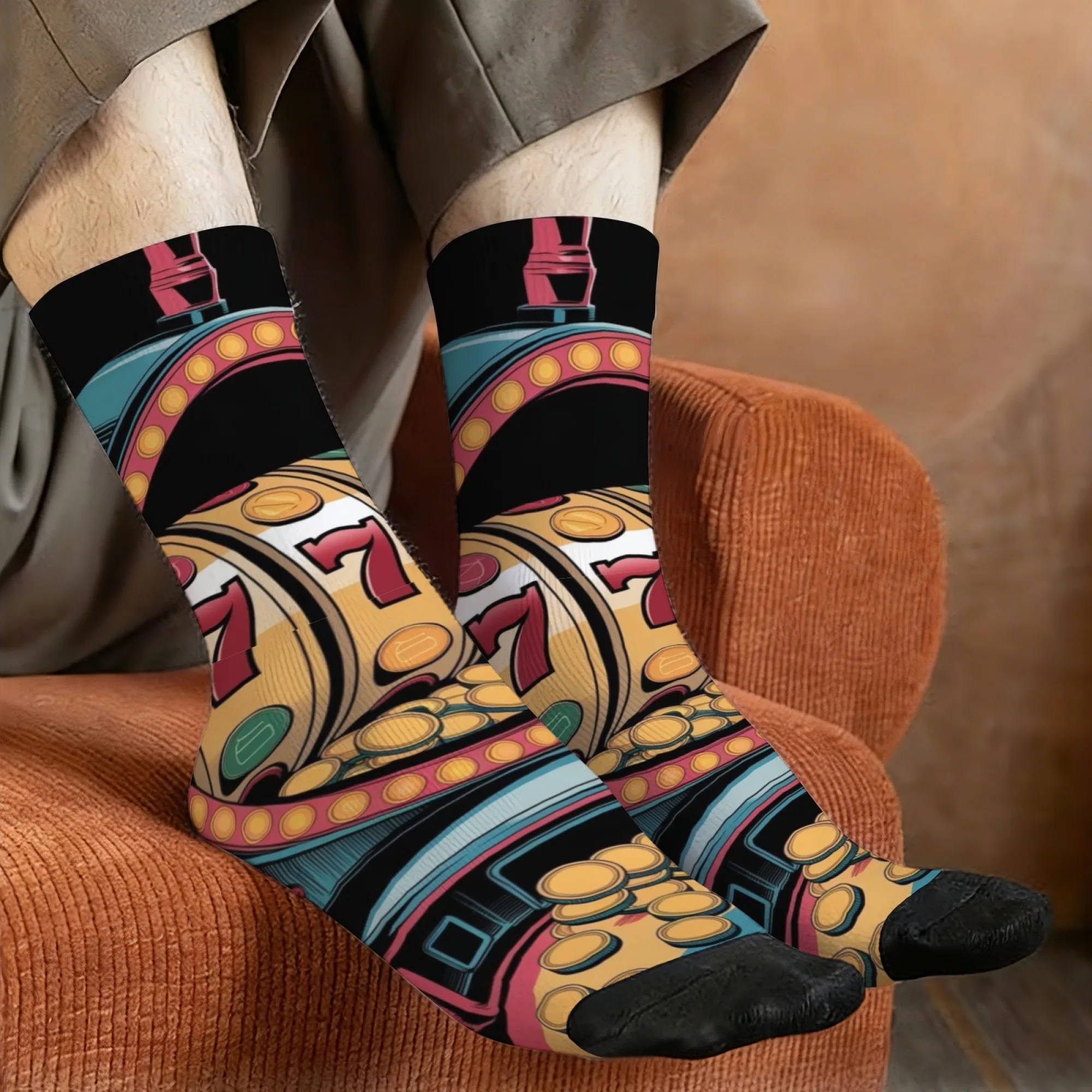 Casino Lucky Slot Machine Crew Socks, 777 Jackpot & Coin Print Socks, Gift for Casino Trend Fans & Fun Lucky Style Enthusiasts