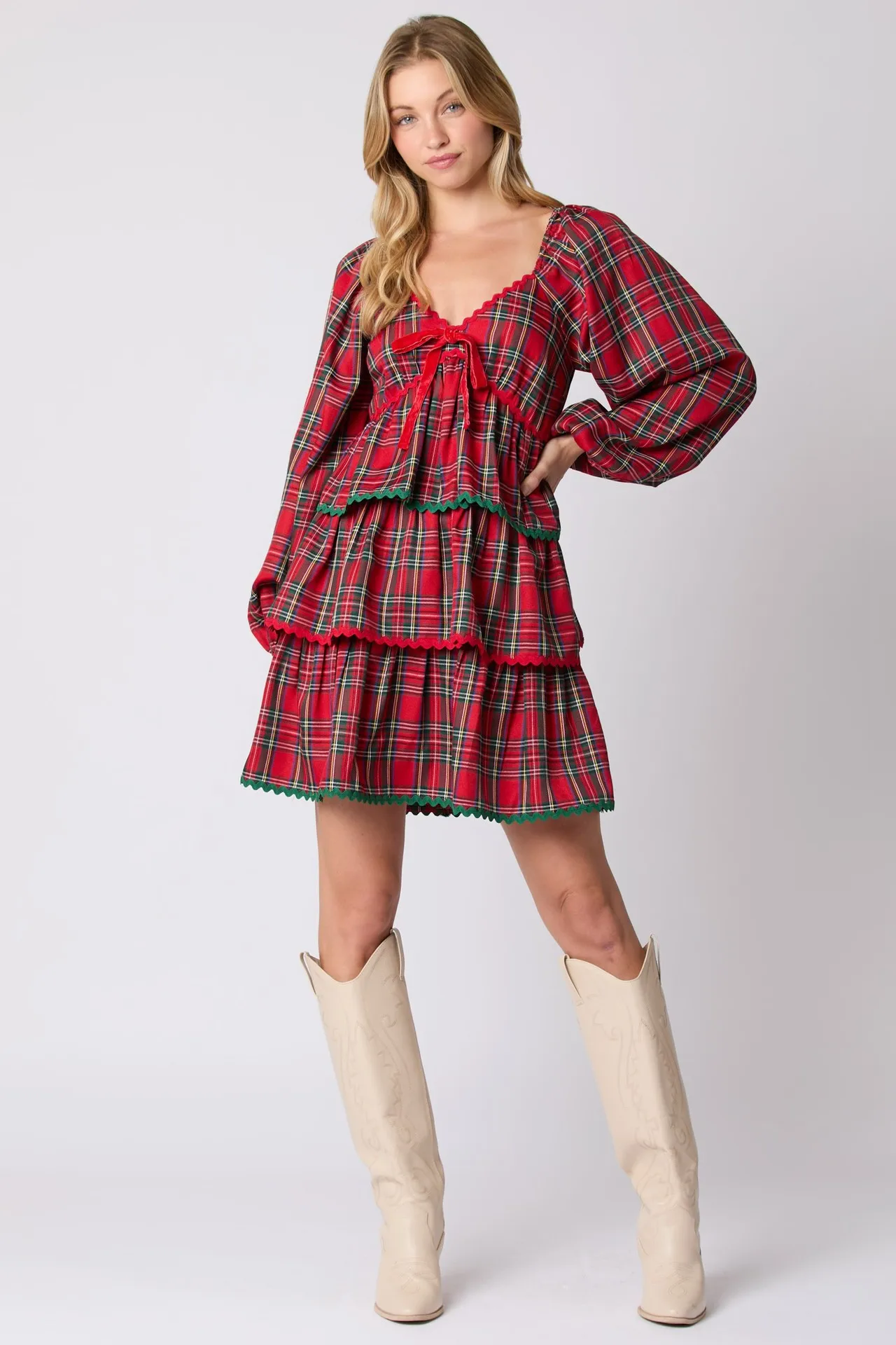 2024 Autumn And Winter Christmas Women's Dress Fashionable V-neck Long Sleeve Colorful Plaid Print Loose A-Line Party Dress