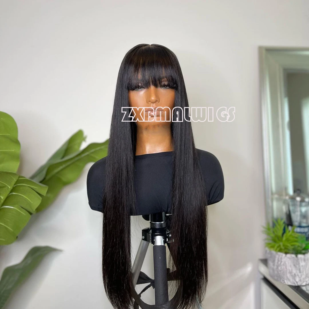 

Black Fringe Bangs Silky Straight 13X4 Synthetic Lace Front Wig 180% Density Preplucked Glueless Soft Baby Hair for Women