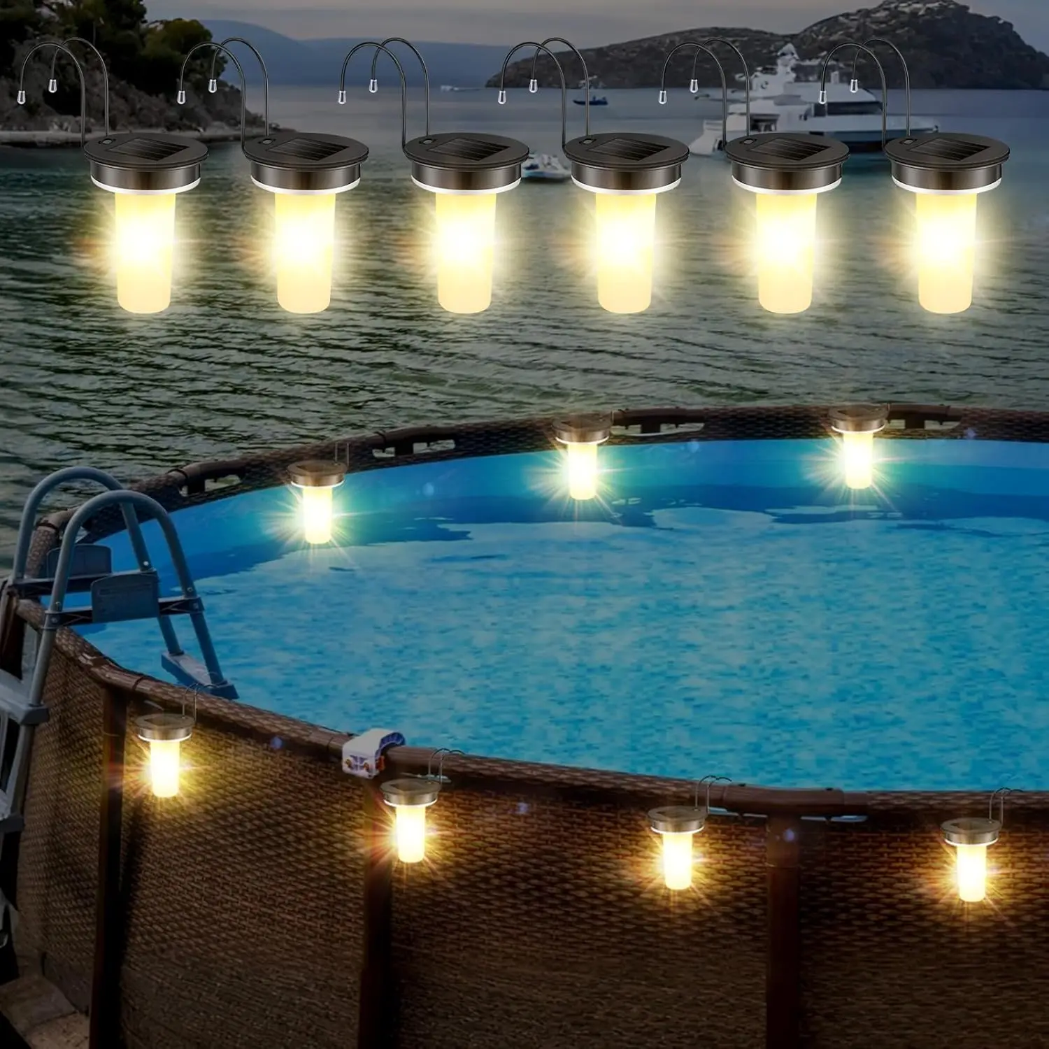 

6-комплект водонепроницаемых солнечных фонарей, светодиодные теплые ночные подвесные светильники с крючками для наружного бассейна, забора, двора