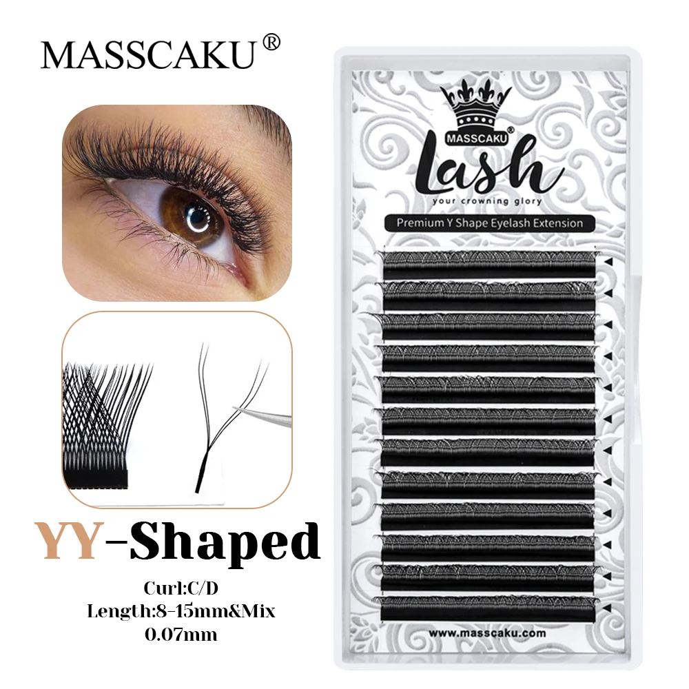 

MASSCAKU 12 Lines Matte Black Lightweight YY Style Eyelash C D Curl 0.05/0.07mm Thickness Fluffy Double Tips Lashes Makeup Tools