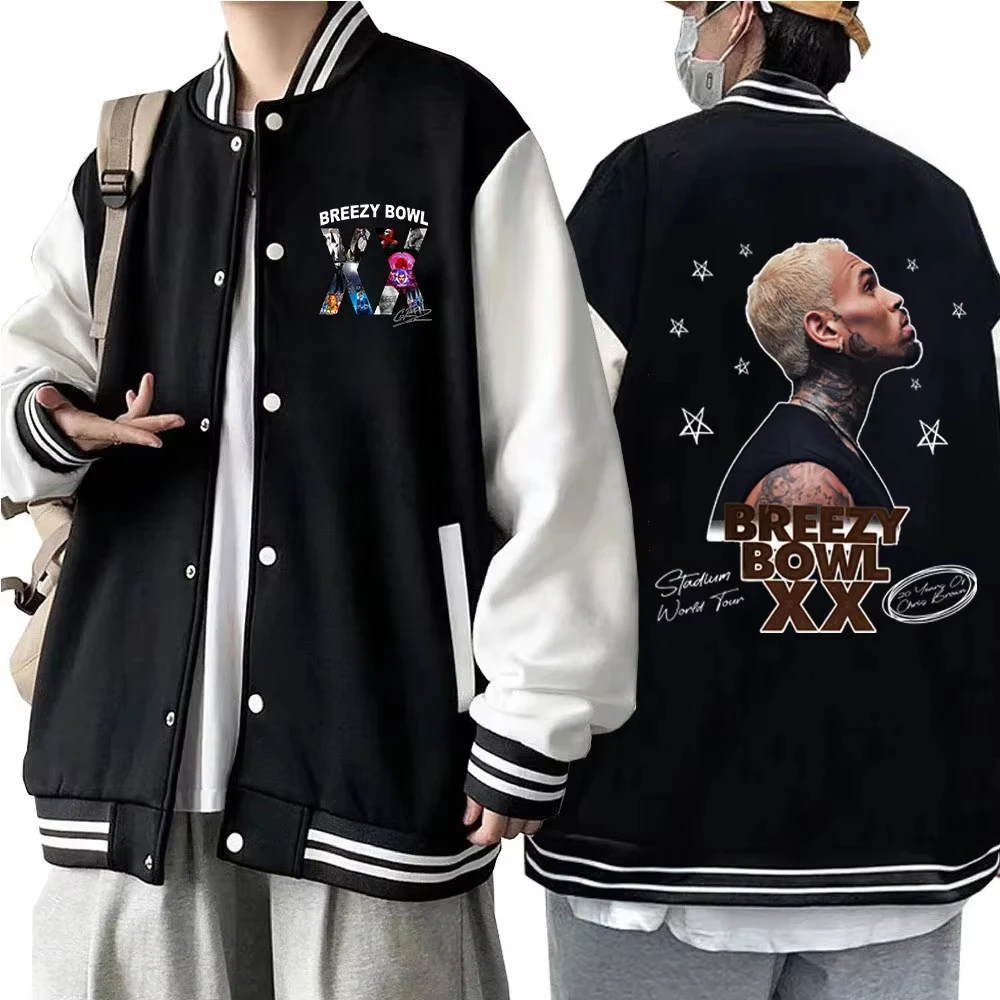 

Rapper Chris Brown Breezy Bowl XX Concert Baseball Jacket Preppy Style Baseball Uniforms Casual High Street Tops