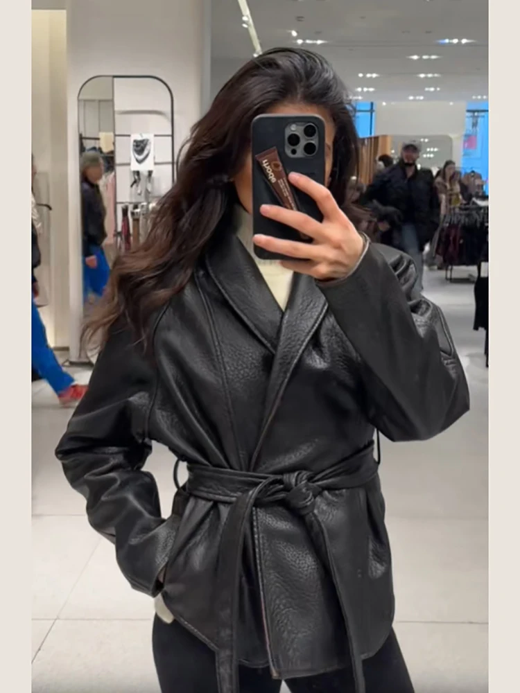 Women's Retro Lapel PU Leather Jacket Casual Full Sleeve Drop Shoulder Belted Trend Coat Lady 2026 NEW Autumn Chic Streetwear