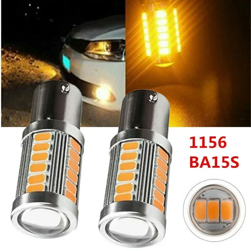 2pcs Car LED Light Bulb 1156 BA15S Amber Yellow Turn Signal Lamp Blinker Driving Headlight Super Ultra Bright 33SMD LED Bulbs NE