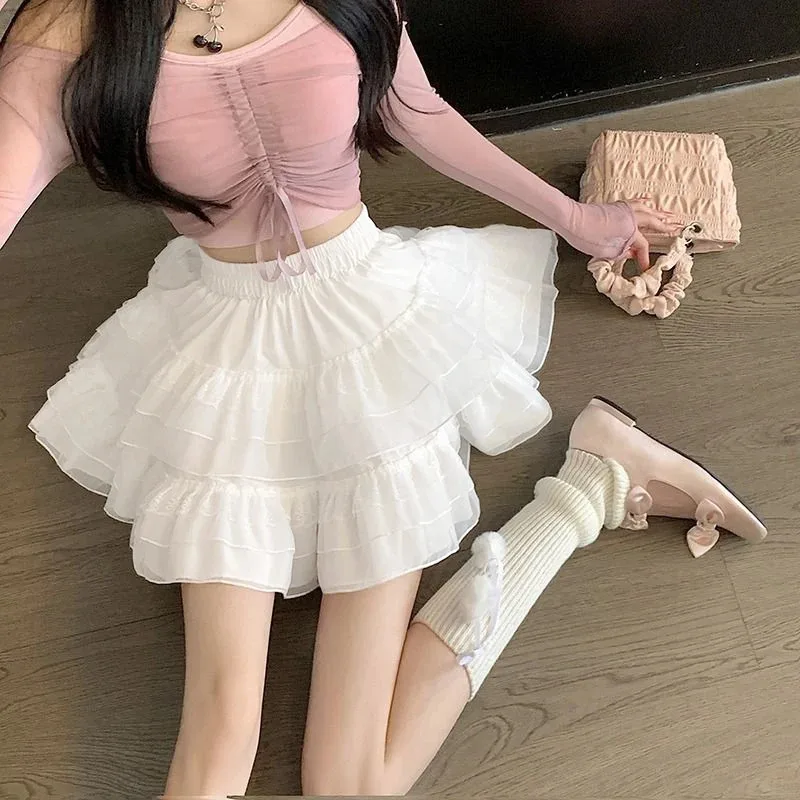 新作韓国風Y2Kカジュアルサマートレンド、ホワイトレースケーキミニスカート、バレエスタイルハイウエストメッシュキャノピーショートドレス