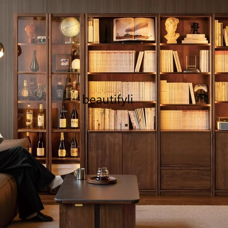 

Solid Wood Bookcase Study Room Display Cabinet Home Storage Cabinet Black Walnut Storage Cabinet Modern Simple