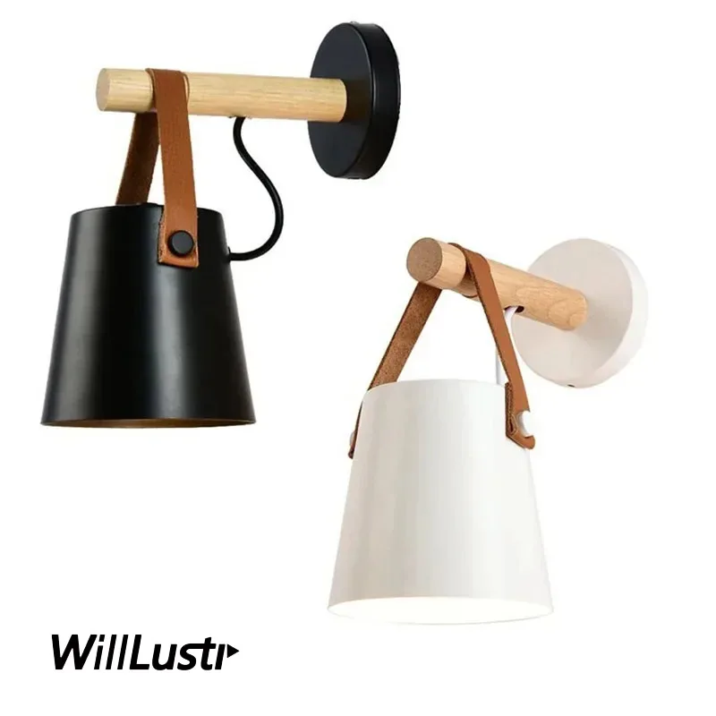 Leather Belt Iron Wood Wall Sconce Light Metal lamp Cottage American Country Cafe Bar Bedside Sofa Side Hotel White Black