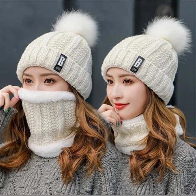 

Autumn and winter new style pullover ear+scarf cold resistant knitted hat with thick woolen yarn cap 2-piece set