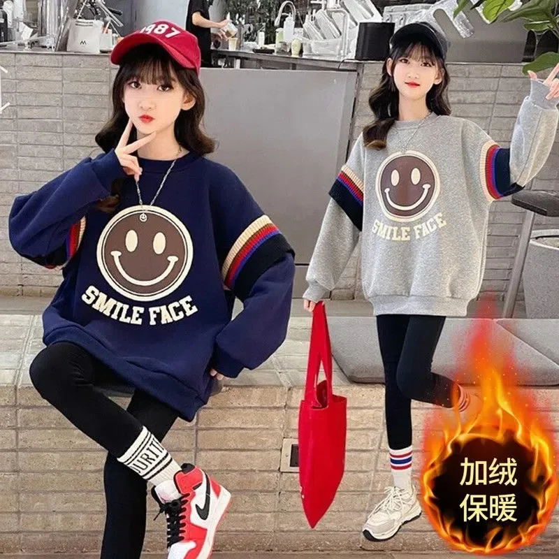 2026 autumn winter Girls clothes velvet patchwork Hooded Sweatshirt shirt teenager Kid tops 4 10 12 year princess dress smile