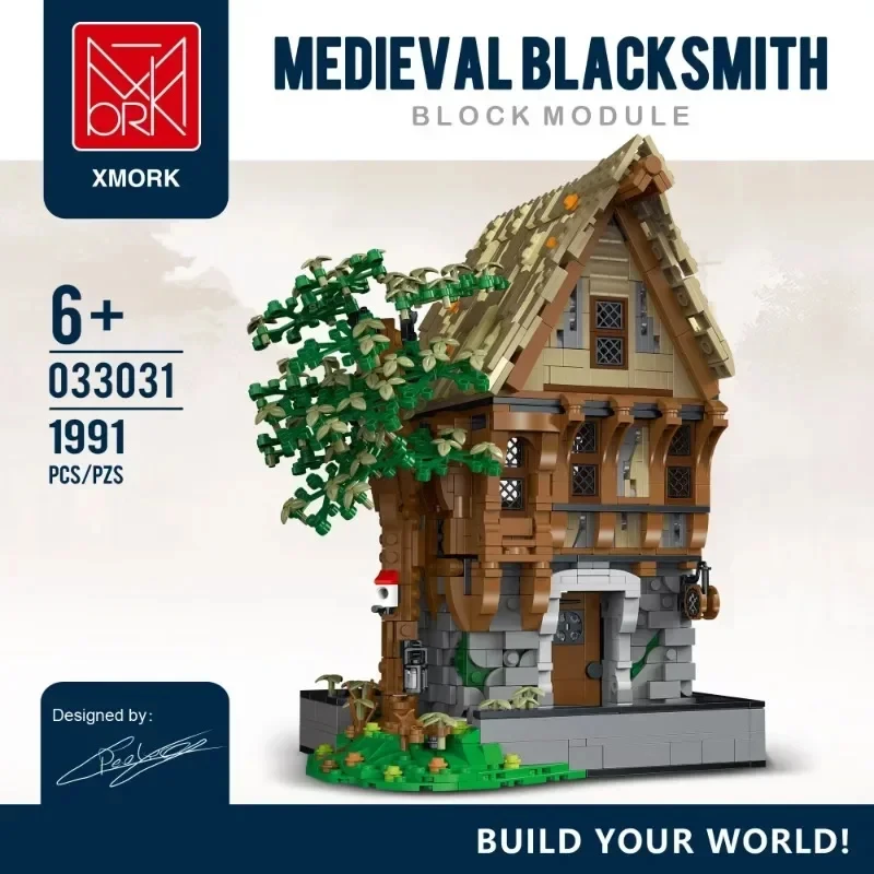 

1991pcs Medieval Blacksmith Shop Building Blocks City Street View Moc Model Bricks Set With Light Desktop Ornaments Kids Gifts