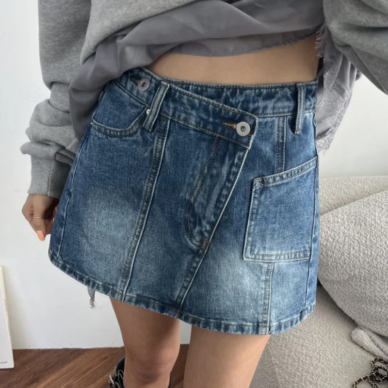 

Женская джинсовая юбка-шорты с высокой талией, А-силуэт, мини, асимметричная, на молнии, в корейском стиле, повседневная, с карманами
