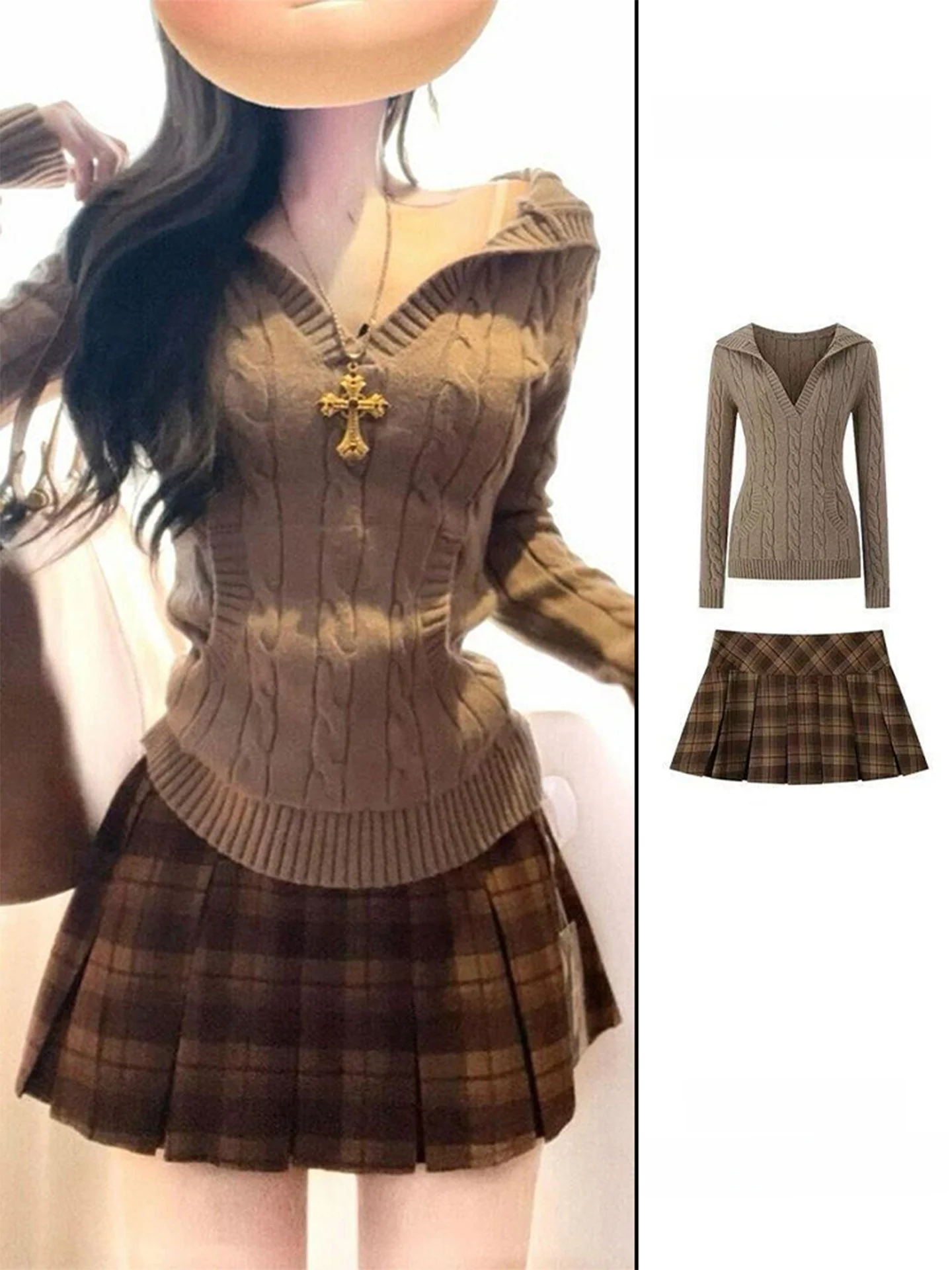 

Trendy Spring Outfit for Women with V-Ne Knitted Sweater And Plaid Pleated Skirt High Waist Elastic Long Sve Casual...