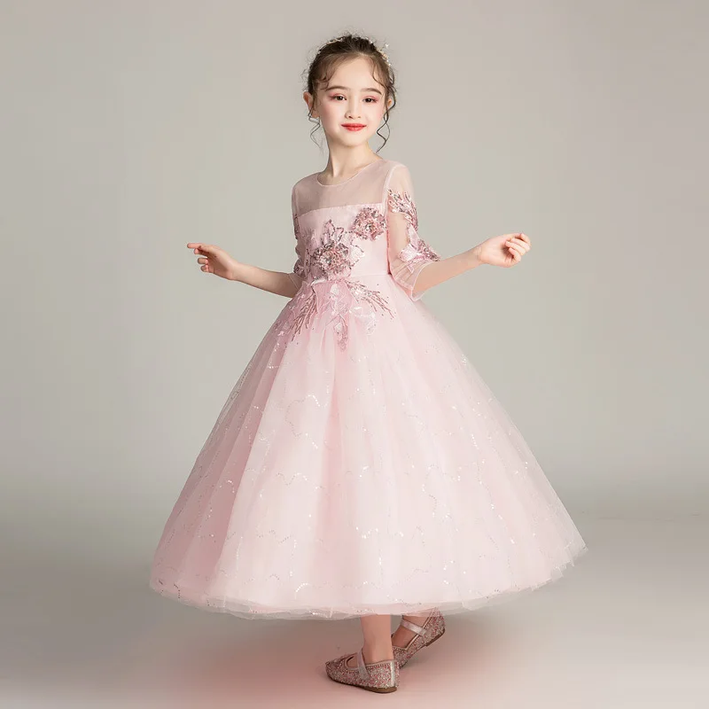 Fashion Sequin Embroidery Flower Girl Dresses Elegant Birthday Piano Perform Wedding Dress Half Sleeve Lace Girls Party Dresses
