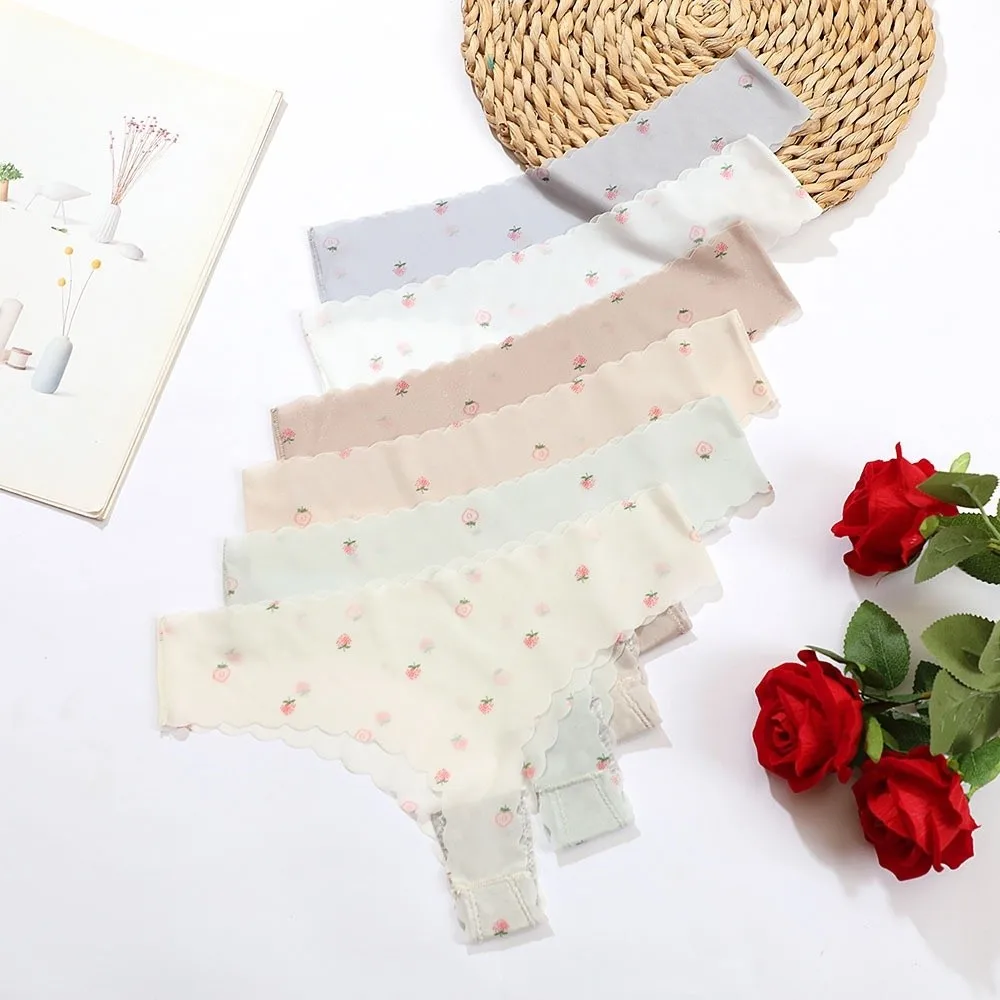 Fashion Soft Ice Silk Thongs Traceless Thin Peach Printed Briefs Underpants Lingerie T-back Panties Girls