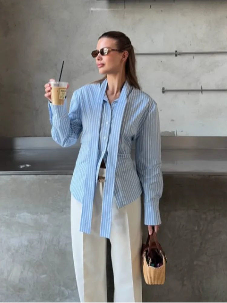 

Elegant Scarf Collar Pure Cotton Shirt Women Casual Solid Single Breasted Waist Cinching Lace-up Blouse Lady Spring Daily Blouse