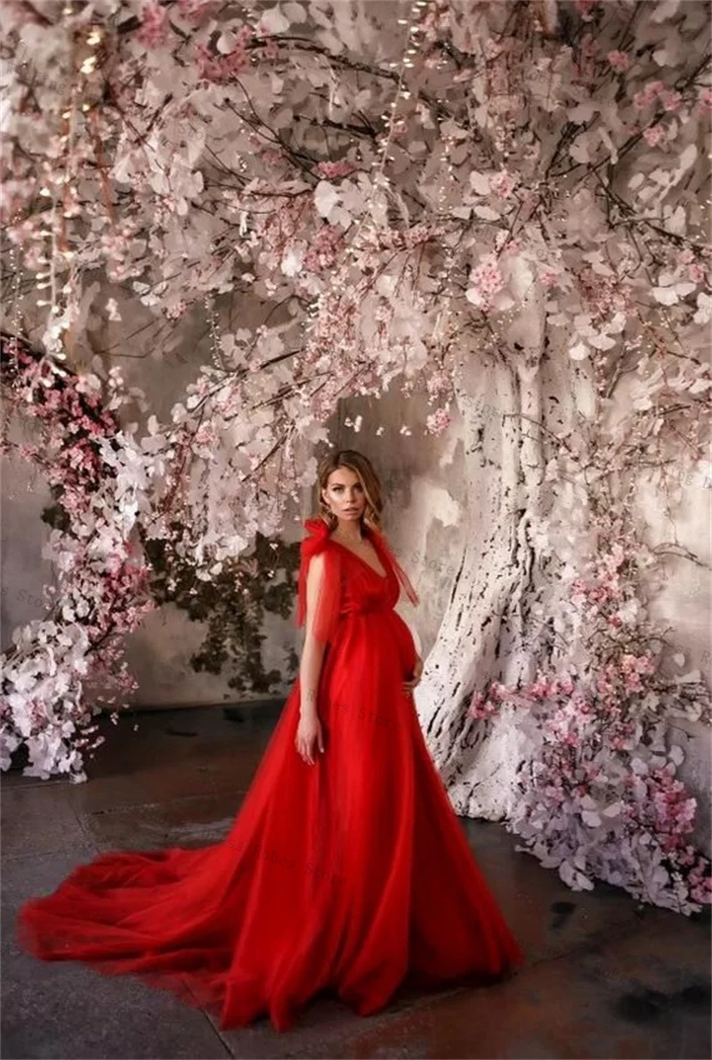 

Red Bow Woman Pregnant Prom Dress Sexy V Neck Sleeveless Maternity Robes Evening Gown Tulle Mesh Sleepwear Customized