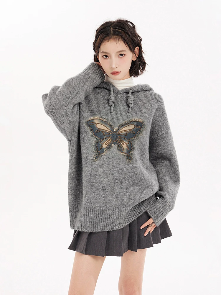 Autumn Winter Hooded Sweater Women Korean Style Long Sleeve Thick Warm Knitted Tops Loose Solid Color Chic Sweater Pullover