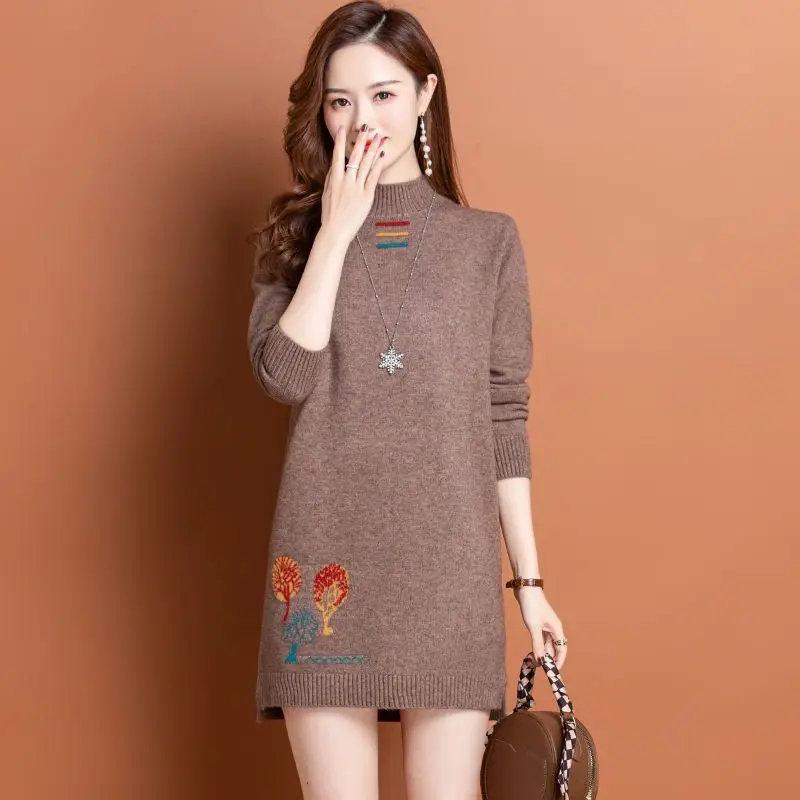 

New Vintage Printed Sweater For Women Casual Knitting Middle Aged Mother Bottoming Dress Turtleneck Long Sleeve Warm Pullovers