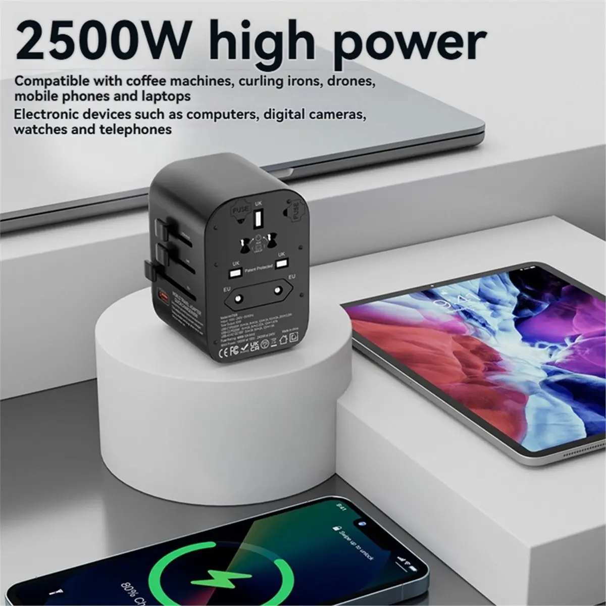 【Socket】 GaN65W International Travel Adapter with 2USB 3 Type C Fast Charging Adapter with EU AU US UK Plug for Travel Black