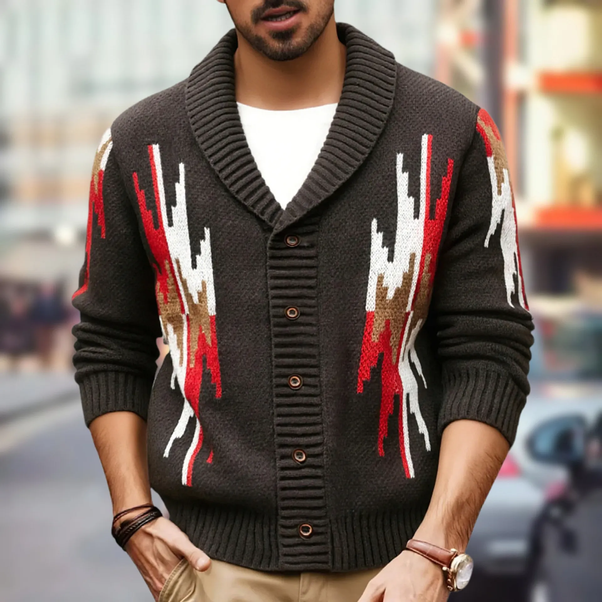 

Men's Long Knitted Sweater Cardigan Woolen Jaet Straight Cut Bright Tead Coolmax Fiber Casual Mid-Year Thiened Long Sve