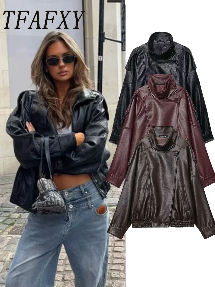 

TFAFXY Casual Leather Jackets Women Long Sleeve Buttons Elastic Oversized Coats Fashion Chic 2025 Fall Streetwear Coats