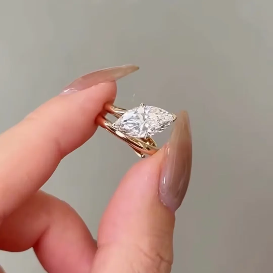 14K Gold Fashion Double Layers Marquise Cut Moissanite Diamond Engagement Rings For Women Daily Ring