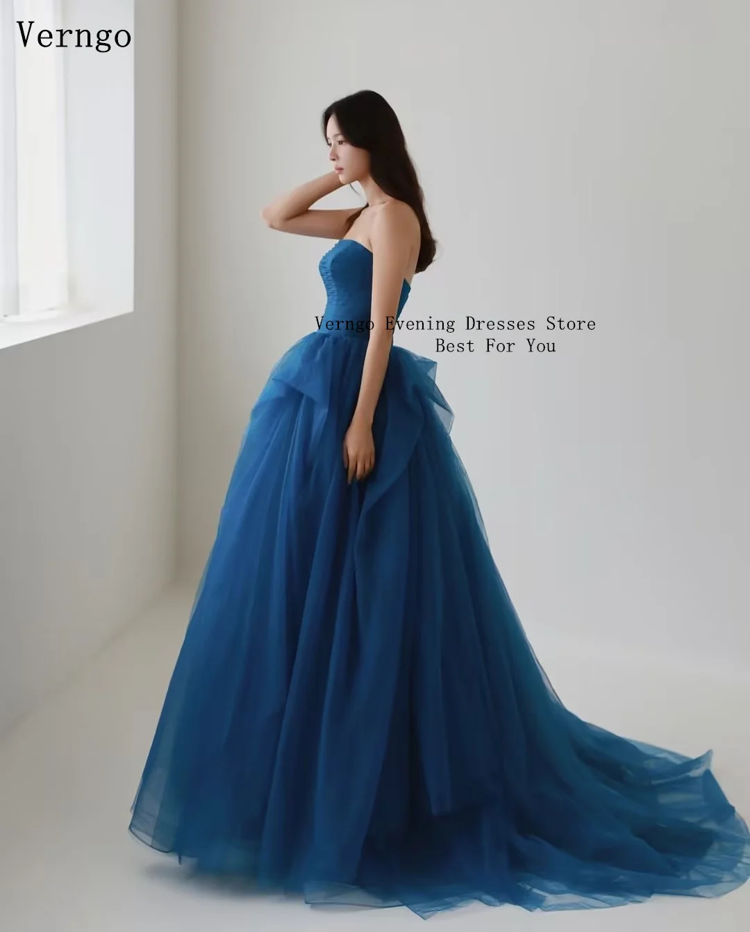 Verngo Navy Blue Tulle Evening Dress Strapless A Line Ball Gowns Women Zipper Back Birthday Party Dress Korea Prom Dress