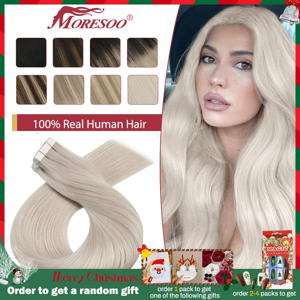 Moresoo Tape in Hair Extensions Balayage Remy Real Human Hair for Women Invisible Seamless PU Skin Weft Straight Hair Tape ins