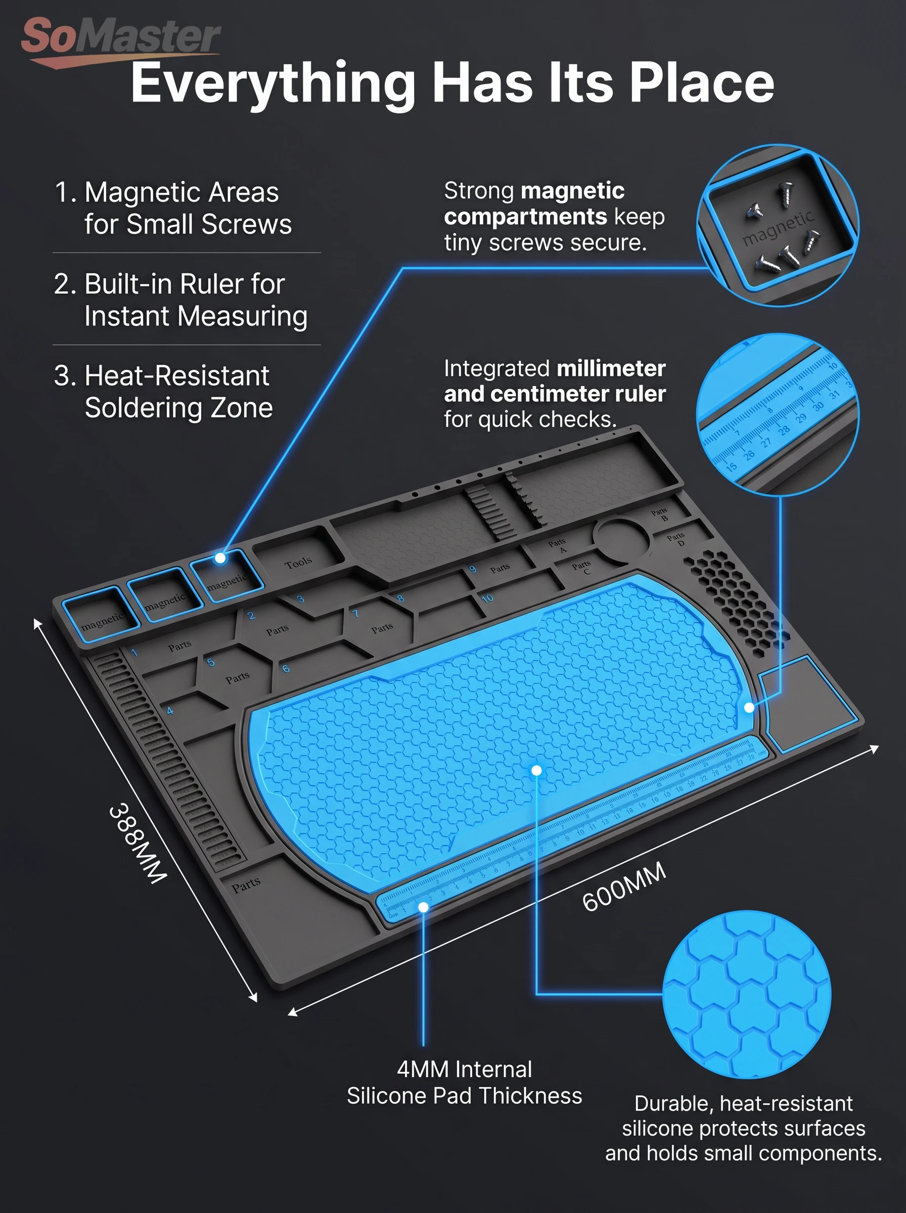 Heat Resistant Solder Mat Insulation Phone Repair Mat Screw Silicone Table Mat Set for Work Desk Maintenance Size 600MM*328MM